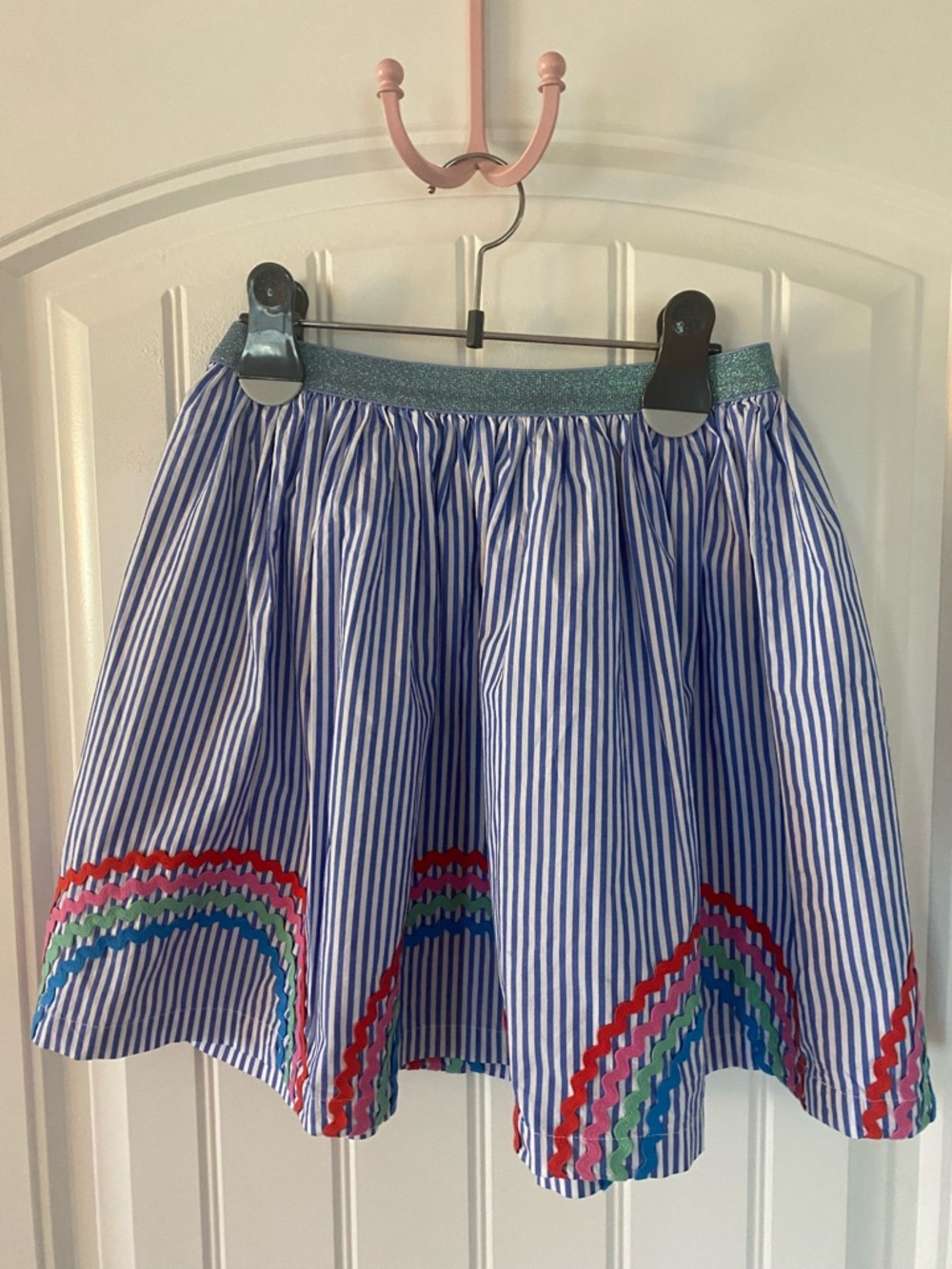 Crewcuts Blue & White Striped Skirt with Rainbow Trim